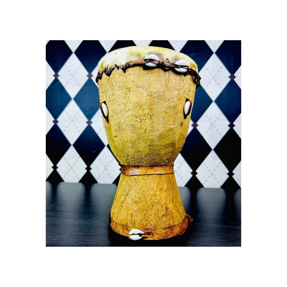 Handcrafted Wood Djembe Drum Cowrie Shell and Cow Hide Bohemian Music Decor